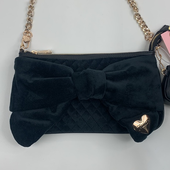 Juicy Couture Black Soft Clutch bag Gold Chain & Bow Accent & mini pouch NEW - Picture 2 of 16